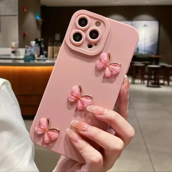 Pink Phone Case with 3D Gem Butterflies iPhone 13 Pro Max - Picture 2 of 5